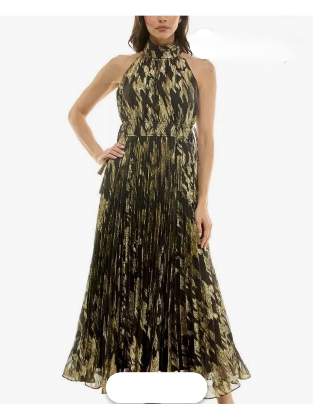 Taylor Women Black/lurex
Gold Sunburst Pleated Mock
Neck Maxi Dress